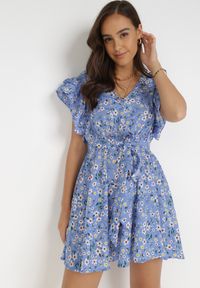 Born2be - Niebieska Sukienka Dioete. Kolor: niebieski. Materiał: materiał. Wzór: kwiaty #1