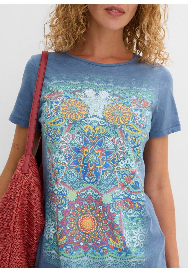 bonprix - T-shirt z czystej bawełny. Kolor: niebieski. Materiał: bawełna. Wzór: nadruk