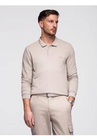 Ombre Clothing - Strukturalny longsleeve polo męski z naszywką – popielaty V3 - Rozmiar: L. Okazja: na co dzień. Typ kołnierza: polo. Kolor: szary. Materiał: dzianina, włókno, materiał, poliester, bawełna, wiskoza. Długość rękawa: długi rękaw. Wzór: aplikacja. Styl: casual, elegancki, sportowy