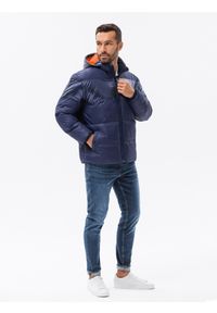 Ombre Clothing - Kurtka męska zimowa z kontrastową podszewką - ciemnoniebieska V1 - Rozmiar: L. Kolor: niebieski. Materiał: nylon, poliester, materiał. Sezon: zima #10