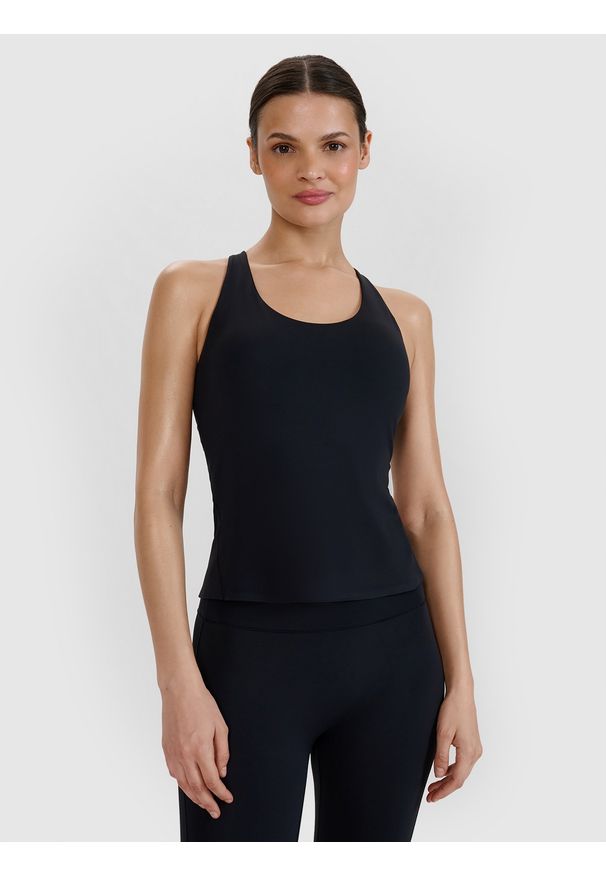 4f - 4F Top do jogi i pilatesu slim szybkoschnący damski - czarny XL. Kolor: czarny. Materiał: dzianina, elastan, włókno, syntetyk, materiał, guma. Wzór: gładki, jednolity, ze splotem. Sport: joga i pilates