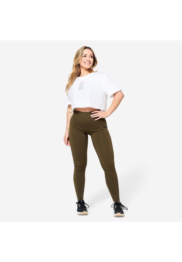 DOMYOS - Koszulka fitness damska Domyos crop top. Materiał: bawełna, materiał, elastan. Sport: fitness