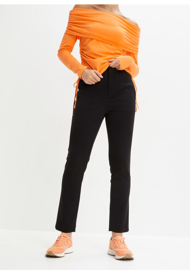 bonprix - Spodnie high waist z zakładkami poniżej talii. Stan: podwyższony. Kolor: czarny. Styl: elegancki