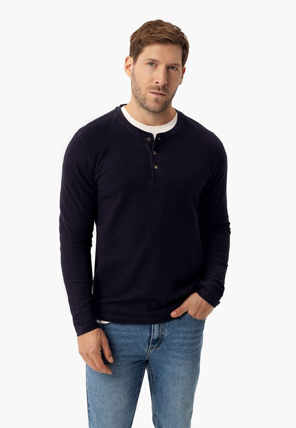 Volcano - Longsleeve ze strukturą L-ONYX. Okazja: na co dzień. Typ kołnierza: typu henley. Kolor: niebieski. Materiał: dzianina, bawełna, materiał. Długość rękawa: długi rękaw. Długość: długie. Styl: klasyczny, casual, elegancki