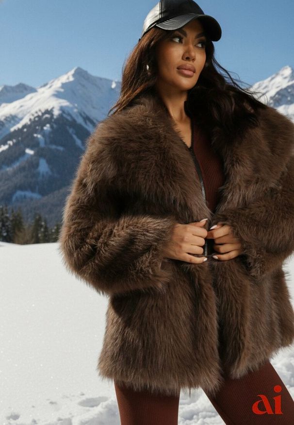 Renee - Brązowa Dwurzędowa Kurtka Futerko Oversize Nenalla. Okazja: na co dzień. Kolor: brązowy. Materiał: futro. Styl: casual