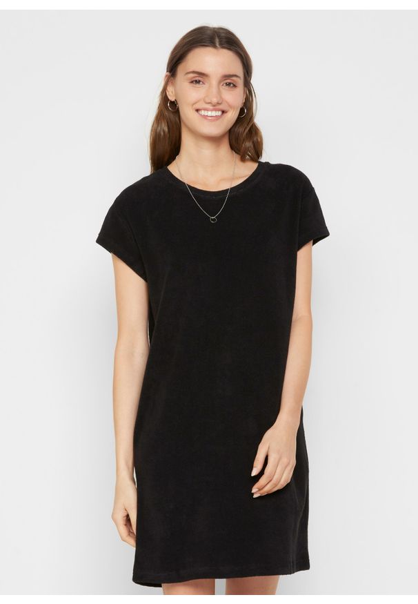 bonprix - Sukienka t-shirtowa z frottee. Kolor: czarny. Długość rękawa: krótki rękaw