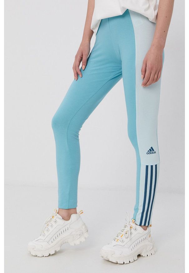 Adidas - adidas Legginsy damskie z aplikacją. Stan: podwyższony. Kolor: turkusowy. Materiał: bawełna. Wzór: aplikacja