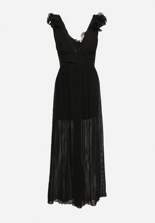 Born2be - Czarny Plisowany Kombinezon Koktajlowy Ozdobiony Falbanami z Szerokimi Nogawkami Frelfrea. Kolor: czarny. Materiał: materiał. Wzór: aplikacja. Styl: wizytowy