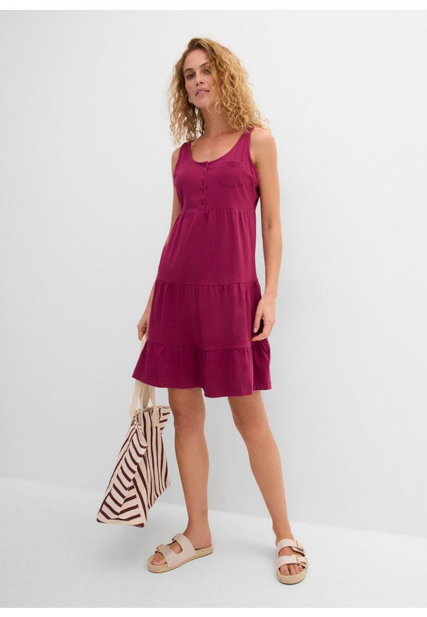bonprix - Krótka sukienka z bawełnianego dżerseju. Kolor: fioletowy. Materiał: jersey, bawełna. Sezon: lato. Długość: mini