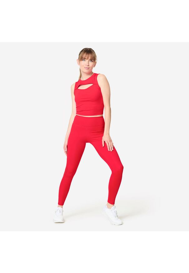 DOMYOS - Legginsy fitness damskie Domyos. Kolor: czerwony. Materiał: poliester, materiał, elastan. Sport: fitness