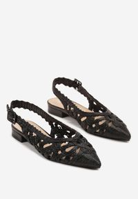 Renee - Czarne Sandały Slingback z Szydełkową Cholewką z Metalicznymi Przeszyciami Frolette. Okazja: na co dzień. Zapięcie: pasek. Kolor: czarny. Materiał: jeans. Obcas: na obcasie. Styl: casual, elegancki. Wysokość obcasa: niski