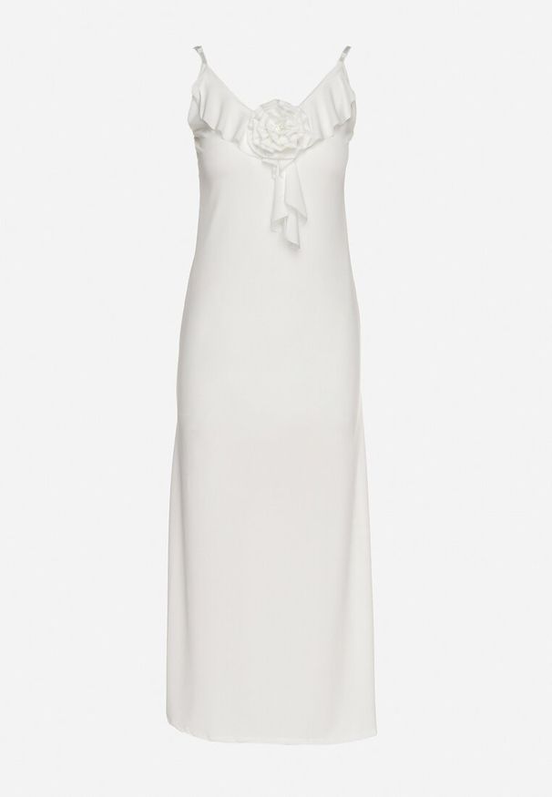 Born2be - Biała Koktajlowa Dopasowana Sukienka z Broszką Kwiatkiem Vikanna. Typ kołnierza: dekolt w kształcie V, kołnierz z falbankami. Kolor: biały. Długość rękawa: na ramiączkach. Wzór: kwiaty. Typ sukienki: dopasowane. Styl: wizytowy