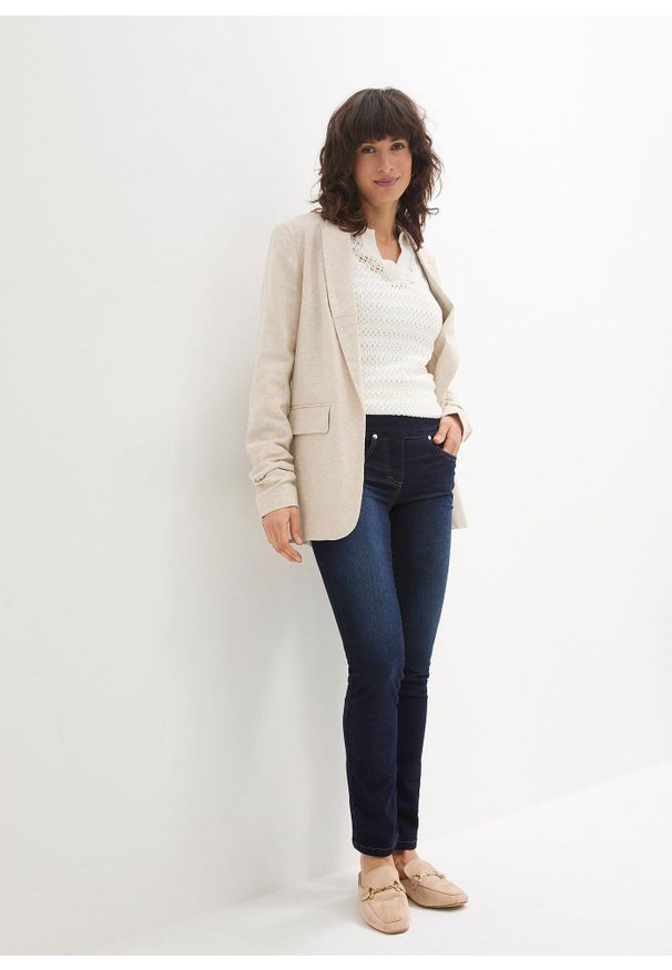 bonprix - Dżinsy straight, mid waist, super stretch, z wygodnym paskiem. Kolor: niebieski