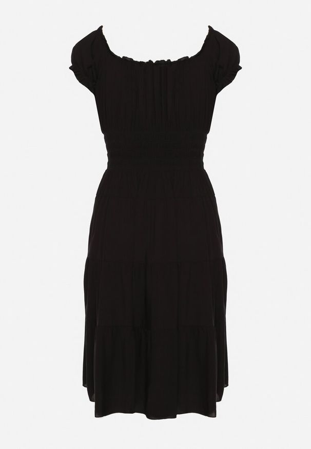 Born2be - Czarna Bawełniana Rozkloszowana Sukienka z Guzikami i Bufiastymi Rękawami Annivi. Okazja: na co dzień. Kolor: czarny. Materiał: bawełna. Styl: elegancki, klasyczny, casual