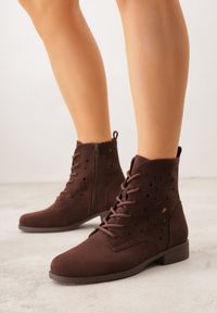 Born2be - Brązowe Sznurowane Botki z Ażurową Cholewką Zeliana. Okazja: na co dzień, na randkę. Zapięcie: sznurówki. Kolor: brązowy. Materiał: zamsz, jeans. Szerokość cholewki: normalna. Wzór: ażurowy. Styl: casual, klasyczny #6
