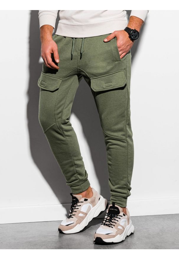 Ombre Clothing - Spodnie męskie dresowe joggery P904 - khaki - L. Kolor: brązowy. Materiał: dresówka