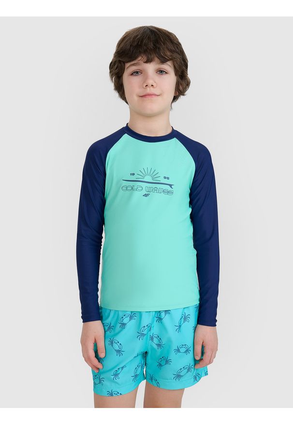 4f - 4F Longsleeve do pływania z nadrukiem chłopięcy - turkusowy 146/152 (10-12 lat). Kolor: turkusowy. Materiał: dzianina, włókno, syntetyk, materiał, skóra, tkanina, elastan. Długość rękawa: długi rękaw. Długość: długie. Wzór: nadruk. Sezon: lato. Sport: pływanie