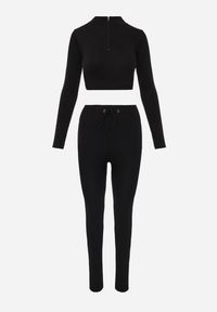 Renee - Czarny Sportowy Komplet Spodnie Wiązane w Pasie i Top z Wycięciem na Kciuk Tidale. Kolor: czarny. Wzór: aplikacja #5