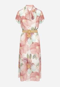 Born2be - Różowa Sukienka o Rozkloszowanym Kroju z Wiązaniem przy Dekolcie i Paskiem Sorilina. Okazja: na co dzień. Kolor: różowy. Długość rękawa: krótki rękaw. Wzór: kwiaty. Styl: casual, elegancki #2