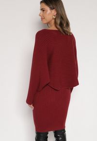 Born2be - Bordowy Dzianinowy Komplet Prążkowany Sukienka i Sweter o Kroju Nietoperz Wederela. Kolor: czerwony. Materiał: dzianina, prążkowany #5