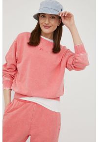 Champion bluza damska kolor różowy z aplikacją. Kolor: różowy. Materiał: bawełna. Długość rękawa: długi rękaw. Długość: długie. Wzór: aplikacja