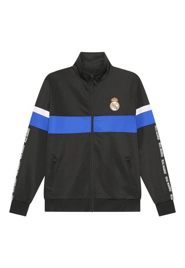 Dres piłkarski dziecięcy Real Madrid 24/25. Kolor: czarny. Materiał: dresówka. Styl: sportowy, młodzieżowy
