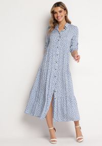 Born2be - Jasnoniebieska Koszulowa Sukienka Bawełniana Maxi w Kropki o Rozkloszowanym Kroju Lirtia. Kolor: niebieski. Materiał: bawełna. Wzór: kropki. Typ sukienki: koszulowe. Długość: maxi #7