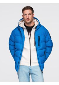 Ombre Clothing - Ocieplana pikowana kurtka męska z raglanowym rękawem – niebieska V2 - Rozmiar: M. Typ kołnierza: kołnierzyk stójkowy. Kolor: niebieski. Materiał: syntetyk, materiał. Długość rękawa: raglanowy rękaw. Wzór: aplikacja