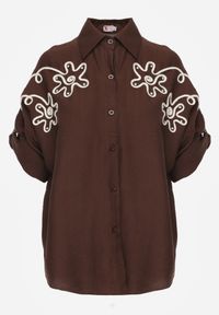 Renee - Brązowa Wiskozowa Koszula Nietoperz z Regulowanymi Rękawami i Haftem Drenesh. Kolor: brązowy. Materiał: wiskoza. Wzór: haft. Styl: boho #4