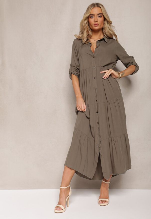 Renee - Ciemnozielona Koszulowa Sukienka Maxi z Bawełny Junira. Okazja: na co dzień. Kolor: zielony. Materiał: bawełna. Typ sukienki: koszulowe. Styl: casual. Długość: maxi