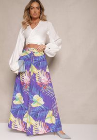 Renee - Niebieskie Spodnie z Wiskozy High Waist o Szerokim Kroju z Motywem Liści Senevira. Okazja: na co dzień. Stan: podwyższony. Kolor: niebieski. Materiał: wiskoza. Styl: elegancki, casual #3