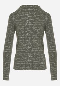 Born2be - Zielona Bluzka z Bawełny w Stylu Longsleeve z Półgolfem w Literowy Nadruk Azelenia. Okazja: na co dzień. Kolor: zielony. Materiał: bawełna. Długość rękawa: długi rękaw. Wzór: nadruk. Styl: casual #5