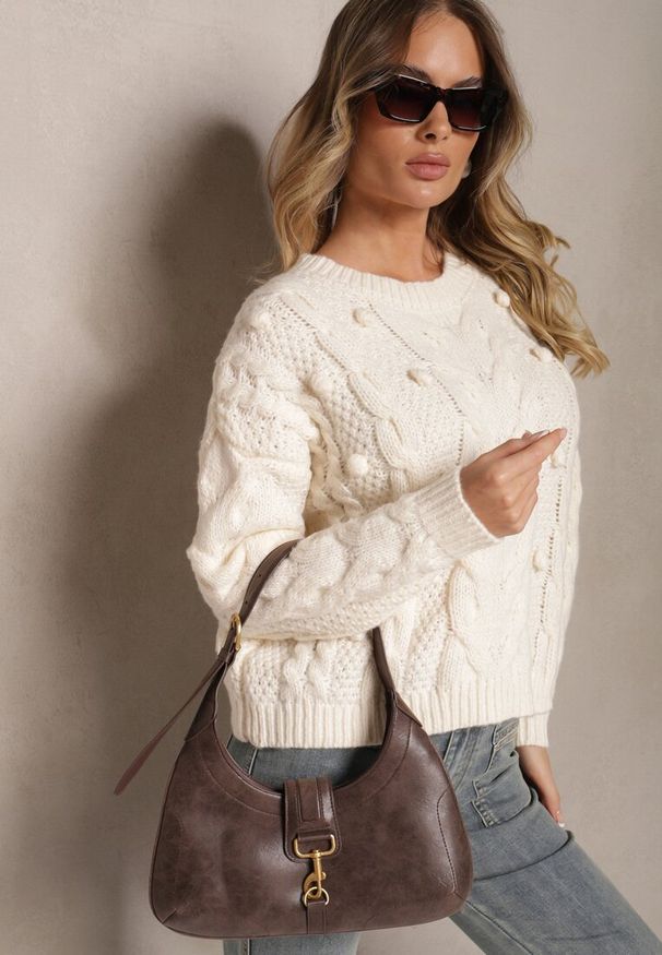 Renee - Jasnobeżowy Sweter z Wełną i Wiskozą Ozdobiony Tłoczeniem i Kulkami Vaiannae. Kolor: beżowy. Materiał: wiskoza, wełna. Wzór: aplikacja. Sezon: zima