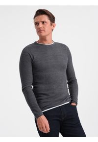 Ombre Clothing - Bawełniany sweter męski z okrągłym dekoltem - grafitowy melanż V2. Kolor: szary. Materiał: bawełna. Wzór: melanż. Styl: klasyczny