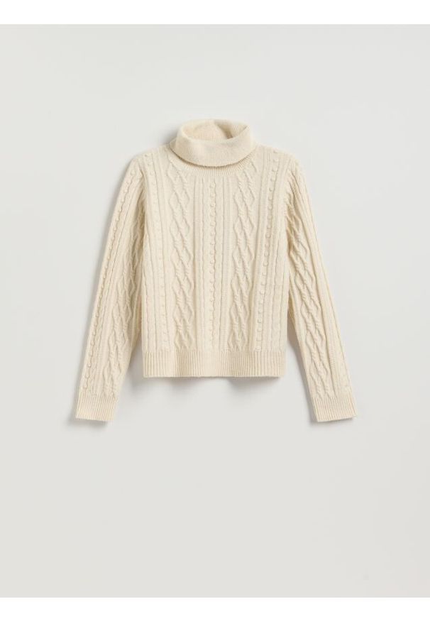 Reserved - Sweter z warkoczowym splotem - kremowy. Kolor: kremowy. Materiał: dzianina, wełna. Wzór: ze splotem