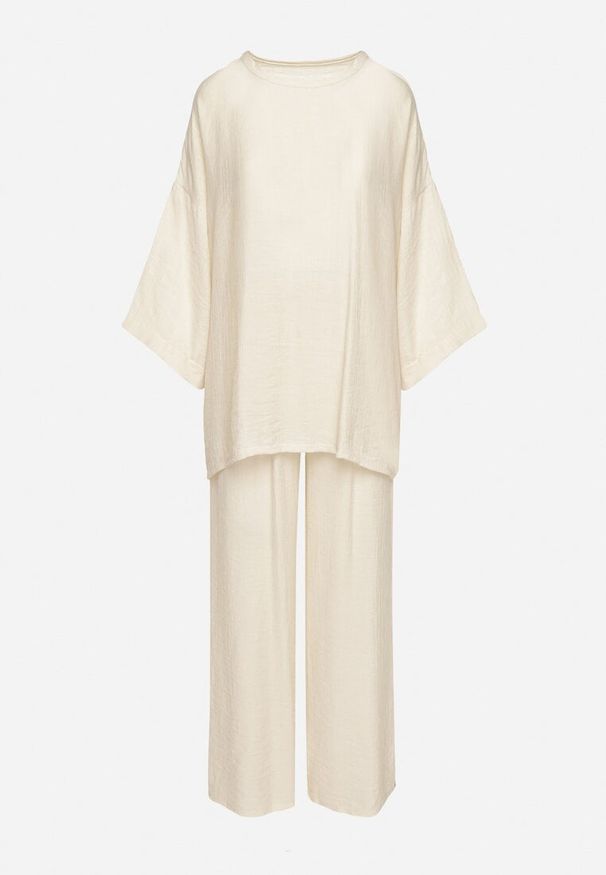 Born2be - Beżowy Wiskozowy Komplet Szerokie Spodnie z Gumką w Talii Góra o Kroju Nietoperza Odrina. Kolor: beżowy. Materiał: wiskoza