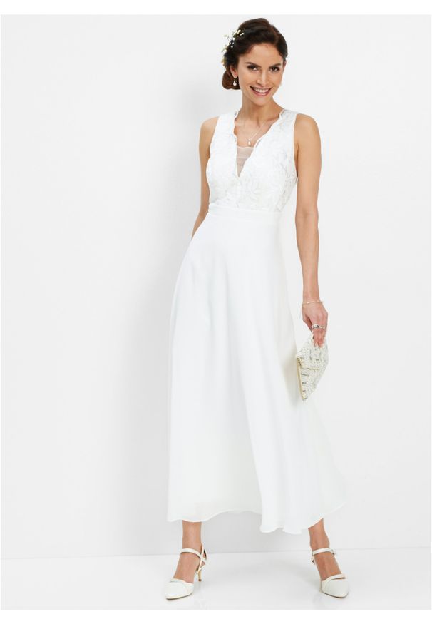 bonprix - Sukienka szyfonowa z cekinami. Typ kołnierza: dekolt gorset. Kolor: biały. Materiał: szyfon. Typ sukienki: gorsetowe. Styl: elegancki