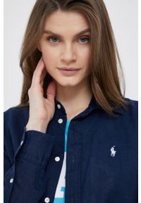 Polo Ralph Lauren koszula lniana kolor granatowy regular z kołnierzykiem klasycznym. Okazja: na co dzień. Typ kołnierza: kołnierzyk klasyczny, polo. Kolor: niebieski. Materiał: len. Wzór: gładki, aplikacja. Styl: klasyczny #3