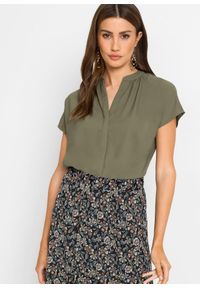 bonprix - Bluzka z krótkim rękawem i krytą plisą guzikową. Typ kołnierza: dekolt w serek. Kolor: zielony. Długość rękawa: krótki rękaw. Długość: krótkie #1