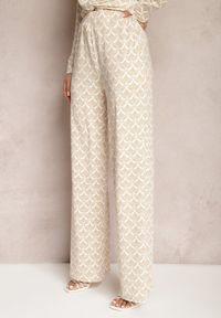 Renee - Beżowe Spodnie o Szerokim Kroju w Ozdobny Print z Kieszeniami Ashel. Okazja: na co dzień. Kolor: beżowy. Wzór: nadruk. Styl: casual, elegancki
