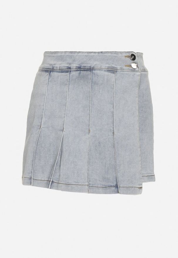 Born2be - Jasnoniebieskie Bawełniane Spódnico-Szorty Jeansowe Ozdobione Plisami Tulvesin. Okazja: na co dzień. Stan: podwyższony. Kolor: niebieski. Materiał: jeans, bawełna. Wzór: aplikacja. Styl: casual, elegancki
