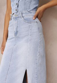 Renee - Niebieska Jeansowa Spódnica Maxi z Wysokim Stanem Elvi. Stan: podwyższony. Kolor: niebieski. Materiał: jeans. Wzór: aplikacja #3