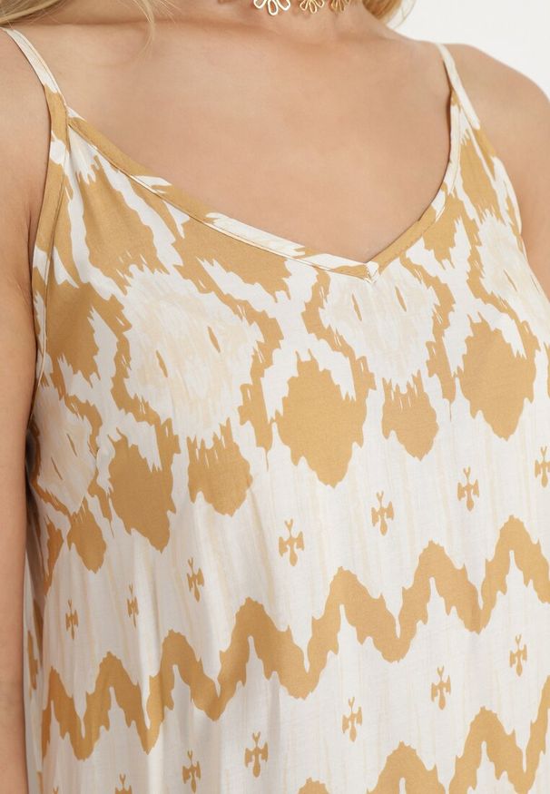 Born2be - Beżowa Wiskozowa Sukienka na Regulowanych Ramiączkach o Geometrycznym Wzorze Vididia. Okazja: na co dzień, na plażę. Kolor: beżowy. Materiał: wiskoza. Długość rękawa: na ramiączkach. Wzór: geometria. Styl: klasyczny, casual, wakacyjny