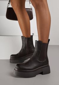 Renee - Brązowe Botki Sztyblety na Platformie Tevirka. Zapięcie: pasek. Kolor: brązowy. Materiał: satyna, jeans. Obcas: na platformie #7