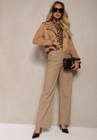 Renee - Beżowe Spodnie Woskowane o Szerokim Kroju High Waist Sezila. Okazja: na co dzień. Stan: podwyższony. Kolor: beżowy. Styl: casual #5
