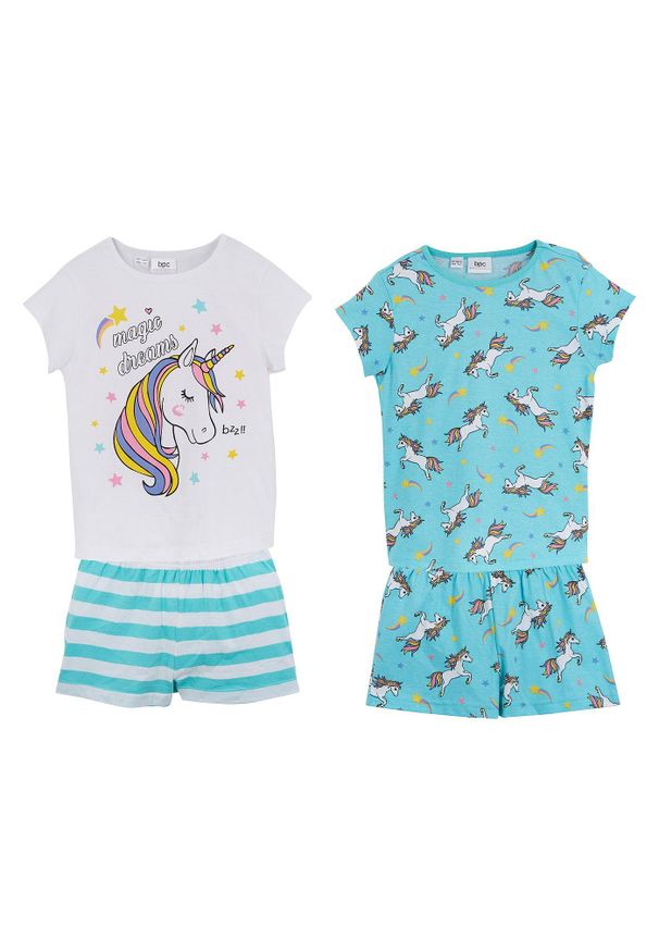 bonprix - Bawełniana piżama dziewczęca z krótkimi spodniami (4 części). Kolor: niebieski. Materiał: bawełna. Długość: krótkie. Wzór: nadruk