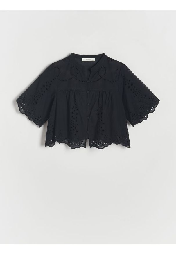 Reserved - Ażurowa koszula z bawełny - czarny. Kolor: czarny. Materiał: bawełna. Długość: krótkie. Wzór: ażurowy