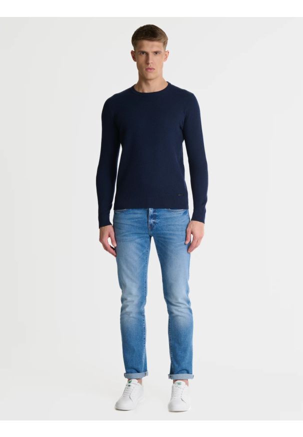 Big-Star - Sweter męski o teksturalnym splocie bawełniany granatowy Reylon 403. Kolor: niebieski. Materiał: bawełna. Wzór: ze splotem. Styl: klasyczny, elegancki