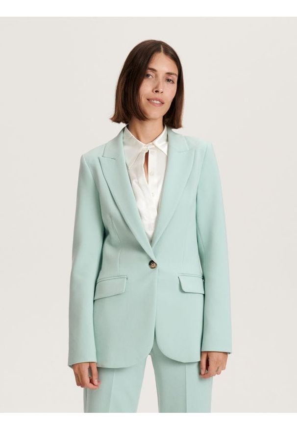 Reserved - Jednorzędowa marynarka - jasnozielony. Kolor: zielony. Materiał: wiskoza, tkanina. Wzór: gładki