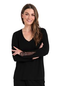 MOE - Wiskozowa bluzka do spania z Koronką - Czarna. Kolor: czarny. Materiał: koronka, wiskoza. Wzór: koronka